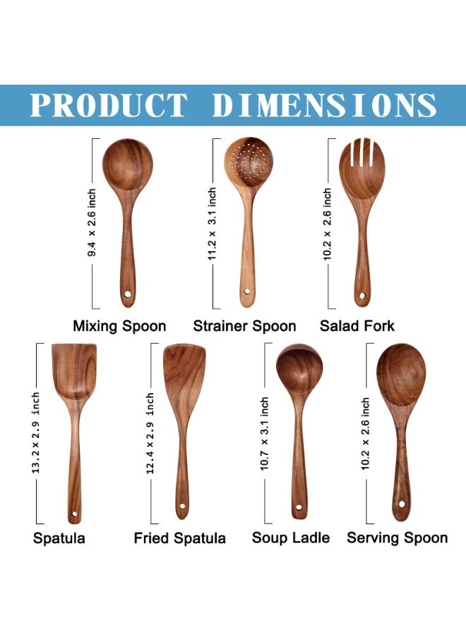 Wooden Non-Stick Kitchen Pan Toolset 7 Pieces Set,100% Natural Teak Kitchen Utensils Spatula, Wooden Cooking Utensils Spoons, Fried Spatula and Salad Fork - Image 2